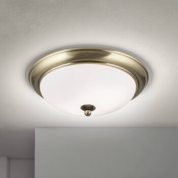 Stropné svietidlo Empire, Ø 35,5 cm, starožitná mosadz, matné opálové sklo