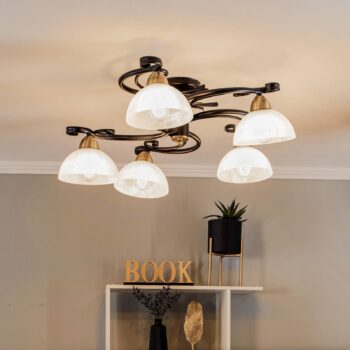 Stropné svietidlo Flora, 5 sklenených tienidiel, čierna/mosadz