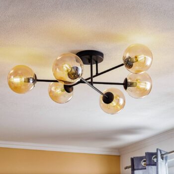 Stropné svietidlo Glassy, čierne, jantárové, sklo, 6-pl., E14