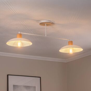 Stropné svietidlo Kobe, 2-plameňové, oceľ, drevo, biela