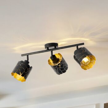 Stropné svietidlo Lindby Aralena, čierna/zlatá, 3 svetlá, dĺžka 70 cm