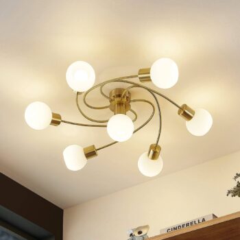 Stropné svietidlo Lindby Ciala, 7 svetiel, mosadzná farba, sklo