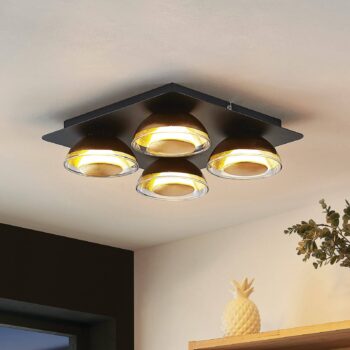 Stropné svietidlo Lindby Erin, 4 svetlá, 30 cm, čierna/zlatá, sklo