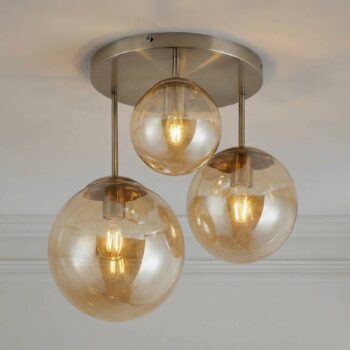 Stropné svietidlo Lindby Teeja, jantárová farba, 3 svetlá, Ø47cm, sklo, E27