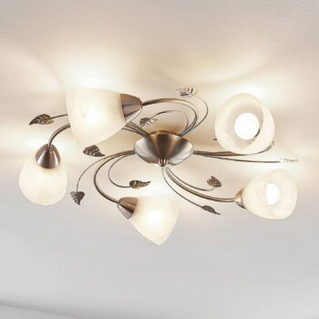 Stropné svietidlo Lindby Yannie, 5 svetiel, 60 cm, nikel/biela, sklo