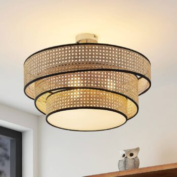 Stropné svietidlo Lucande Elowen, Ø 56 cm, ratan, bambus