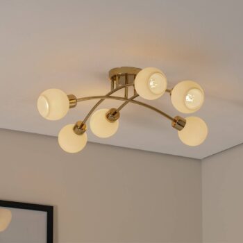 Stropné svietidlo Marlo, mosadzná farba, opálové sklo, 6 svetiel