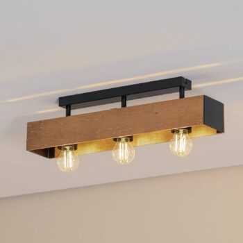 Stropné svietidlo Miluza, čierna/hnedá farba, dĺžka 57 cm, drevo, 3 svetlá.