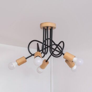 Stropné svietidlo Oxford, čierne, drevo, kov, 5-pl., Ø 47 cm