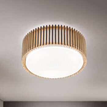 Stropné svietidlo Tarta, Ø 40 cm, drevo, textilný difúzor, 3 x E27