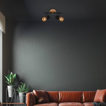 Stropný reflektor Plek GU10 čierna/drevo dvojsvetlo