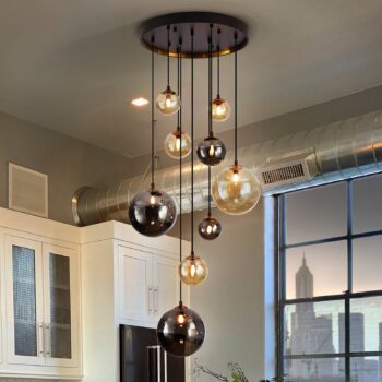 Tmavé závesné svetlo, železo, sklo, jantárová farba, dym, Ø 55 cm