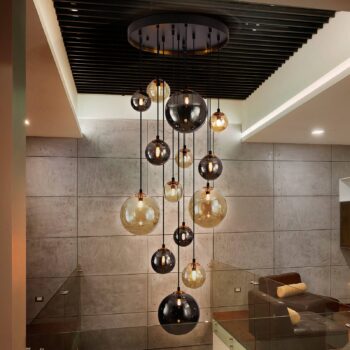 Tmavé závesné svetlo, železo, sklo, jantárová farba, dym, Ø 60 cm