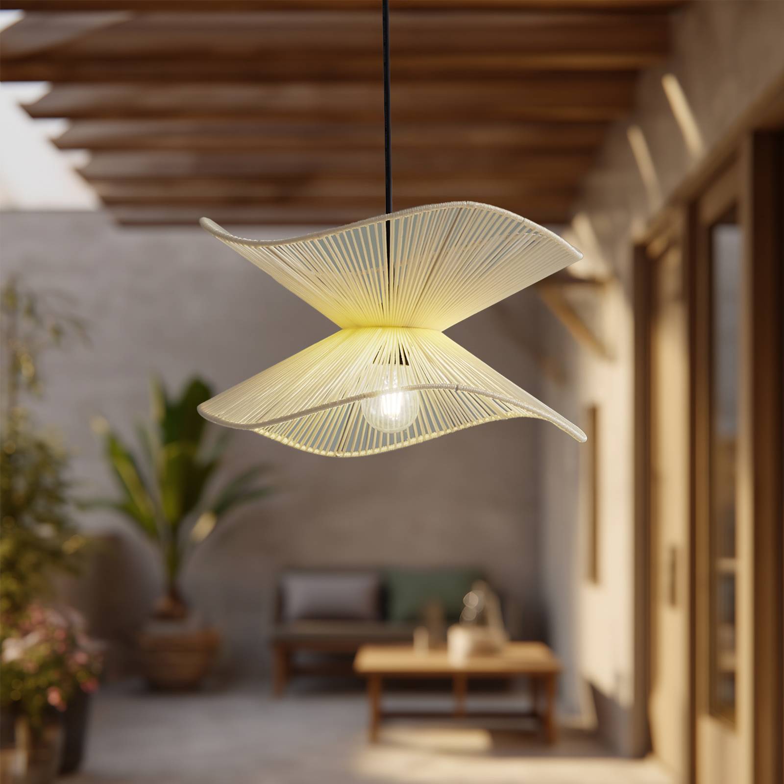 Vonkajšie závesné svietidlo Lindby Valdorin, béžová farba, bavlna, Ø 40 cm Vonkajšie závesné svietidlo Lindby Valdorin, béžová farba, bavlna, Ø 40 cm