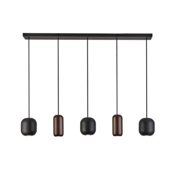 Závesná lampa Jane, dĺžka 102 cm, čierna/hnedá/zelená, 5 svetiel.