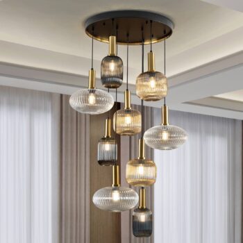 Závesná lampa Norma, Ø 80 cm, 9 svetiel, čierna/mosadz, sklo