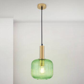 Závesné svetlo Carneval, starožitná mosadz/zelená, Ø 20 cm, sklo