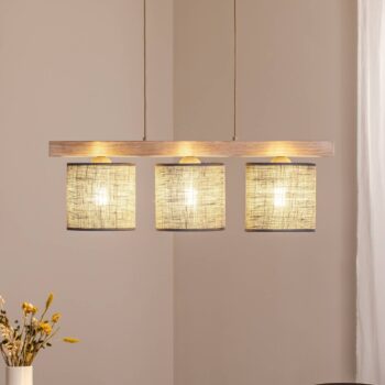 Závesné svietidlo Forest, 3-pl., drevo svetlé, juta sivá