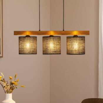 Závesné svietidlo Forest, drevo svetlé/čierne, juta čierna, 3-pl.