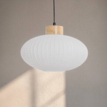 Závesné svietidlo Harmony, Ø 25 cm, biela/dub, sklo/drevo