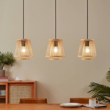 Závesné svietidlo Hykeham, dĺžka 91 cm, prírodné, 3 svetlá, bambus