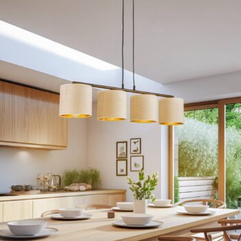 Závesné svietidlo Jari látkový tienidlo 4-pl. dlhé, biela-zlatá