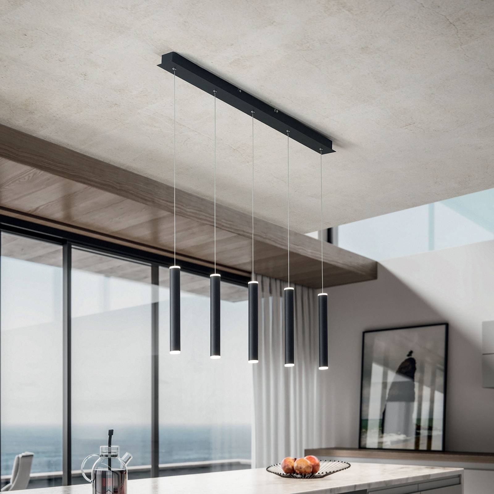 Závesné svietidlo LED Prado, čierne, 5 svetiel, lineárne, stmievateľné Závesné svietidlo LED Prado, čierne, 5 svetiel, lineárne, stmievateľné
