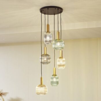 Závesné svietidlo Lindby Doroteo, 6 svetiel, zelená/jantárová/sivá, sklo