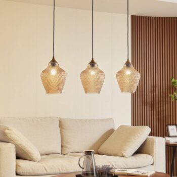 Závesné svietidlo Lindby Drakar, Ø 22 cm, 3 svetlá, jantárová farba, sklo