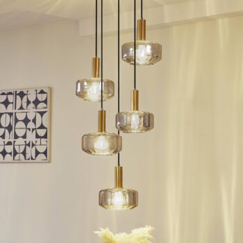 Závesné svietidlo Lindby Hildur, 5 svetiel, dymová sivá, sklo