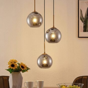 Závesné svietidlo Lindby Jurian, 32 cm, 3 svetlá, bronz, dym, sklo