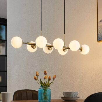 Závesné svietidlo Lindby Kiamo, 83 cm, mosadz, biela, sklo, G9