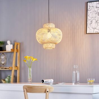 Závesné svietidlo Lindby Venora, Ø 40 cm, baňaté, bambus, E27