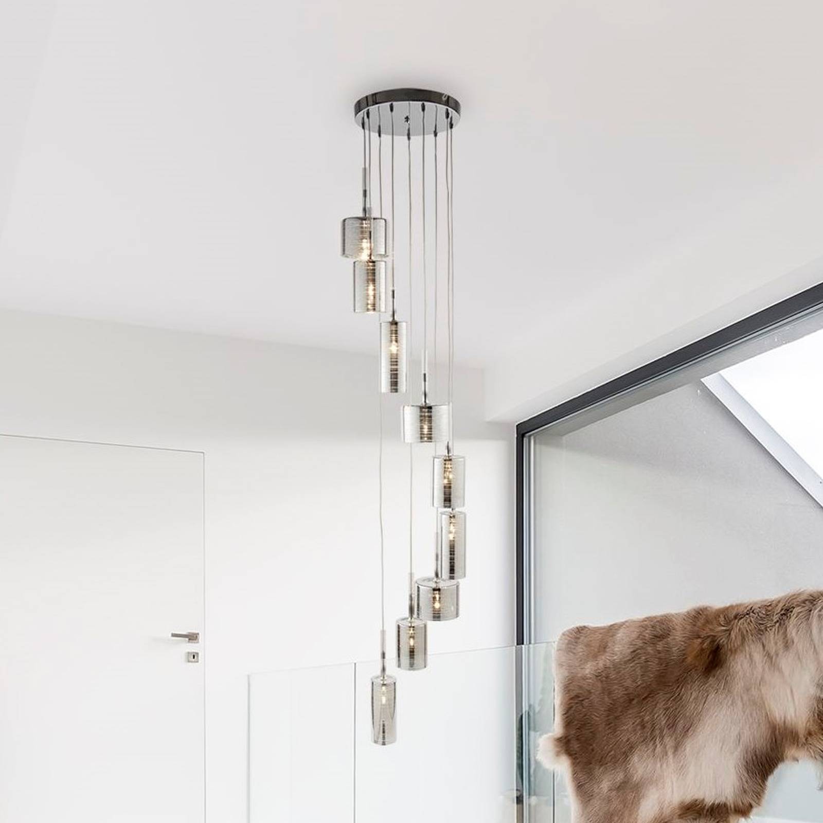 Závesné svietidlo Linen, 9 svetiel, chróm/dymová farba, sklo, G4 Závesné svietidlo Linen, 9 svetiel, chróm/dymová farba, sklo, G4