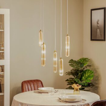 Závesné svietidlo Lucande Freylin, 5 svetiel, jantárová farba, sklo, 48 cm