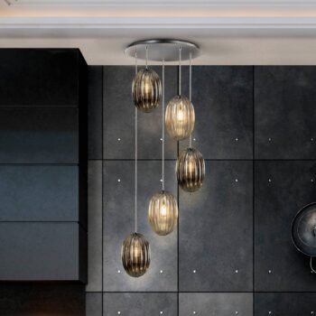 Závesné svietidlo Ovila, 5-pl., dymová sivá/koňaková, kov, sklo