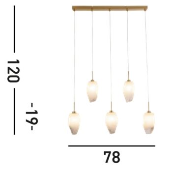 Závesné svietidlo Rocky, 5 svetiel, dlhé, mosadzná farba, oceľ, sklo