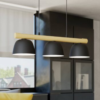 Závesné svietidlo Sherburn, dĺžka 77 cm, čierna/hnedá farba, 3 svetlá.