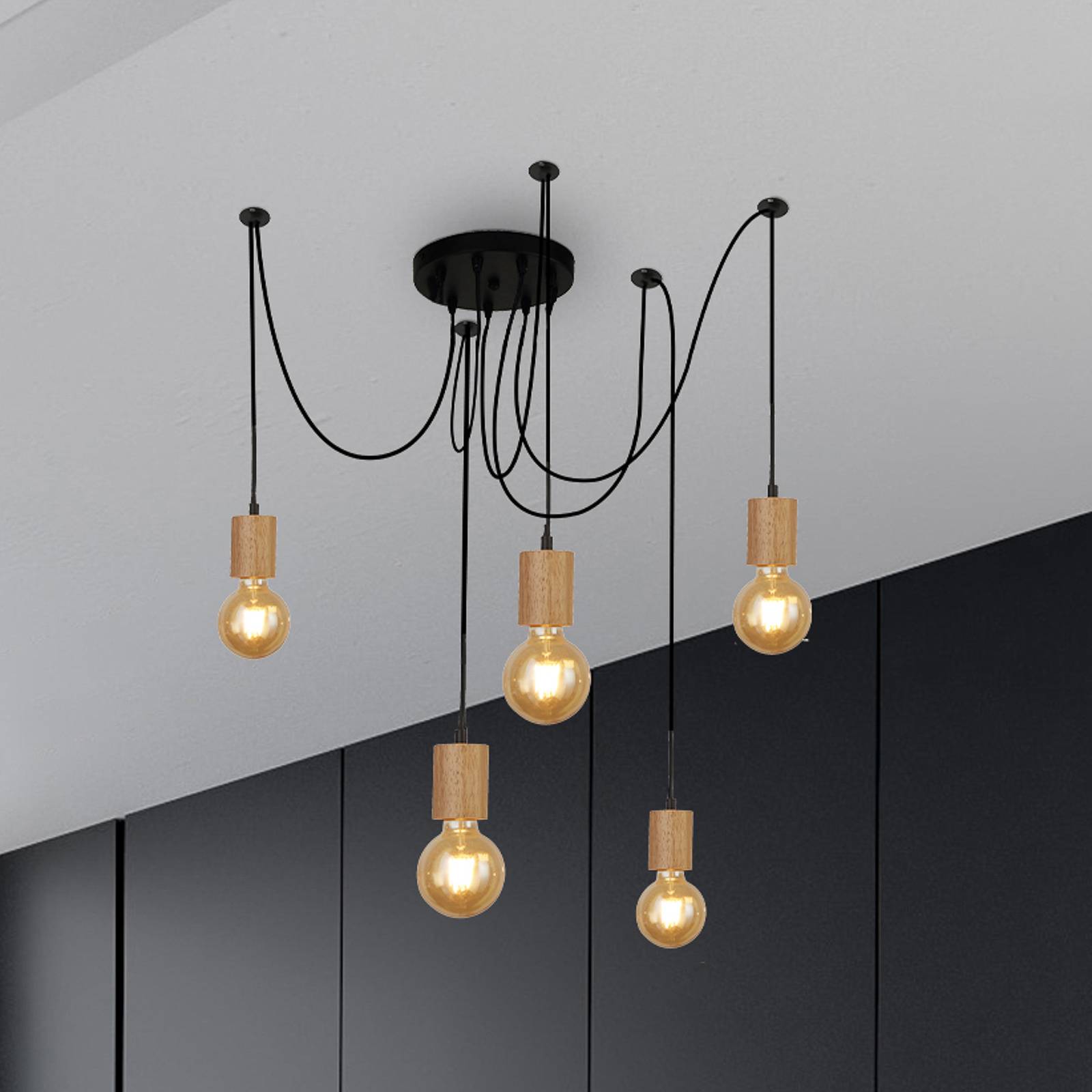 Závesné svietidlo Spinny, pavúk, Ø 28 cm, 5 svetiel, kaučukové drevo, E27 Závesné svietidlo Spinny, pavúk, Ø 28 cm, 5 svetiel, kaučukové drevo, E27