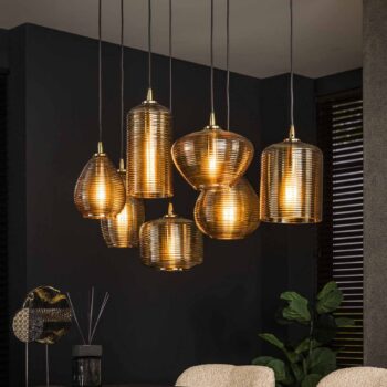 Závesné svietidlo Stripeglass mix, 7 svetiel, sklo, jantár, antracit