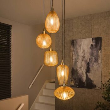 Závesné svietidlo V-Shape, jantárový, Ø 40 cm, sklo, 5 svetiel