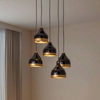 Závesné svietidlo Yildo, 5-pl., kruhové, čierne/zlaté, Ø43 cm